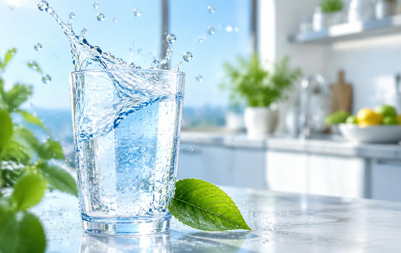 Vaso de agua cristalina con una hoja verde